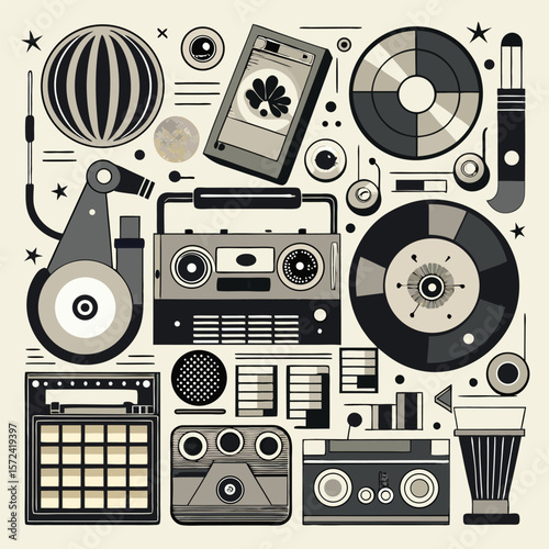 Monochrome Collage of Vintage Audio Equipment and Geometric Shapes Featuring Number 100 Symbols in Gray Beige and Black Tones