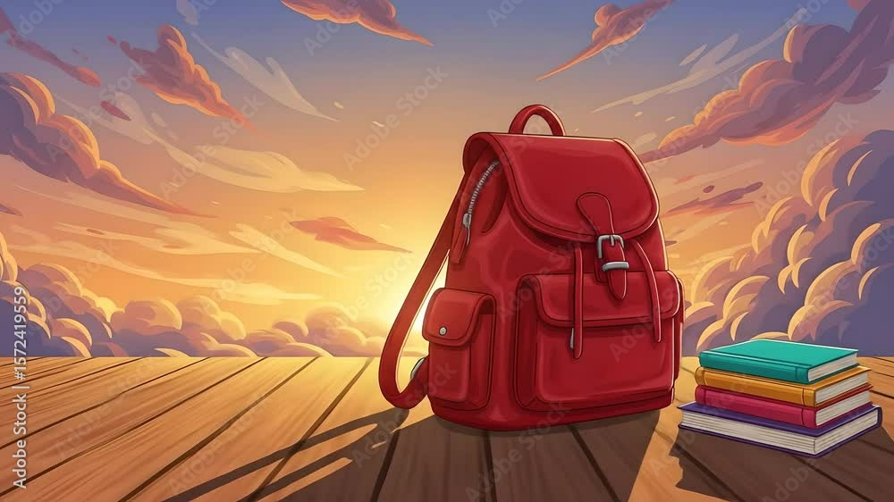 Red backpack with books sits on a wooden deck under sunset, stylized cartoon animation. Use for back to school, education, student life, children content.
