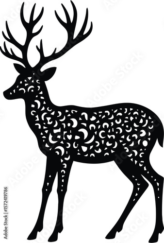 Vector art of silhouette deer with patterned body isolated on white background