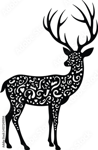 Vector art of silhouette deer with decorative body isolated on white background