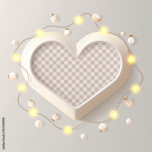 Heart shape picture frame. White card with wreath of shiny star light bulbs. Love message, birthday congrats, soft beige festive luxury bg. Realistic photo mockup, decorated with Christmas garland