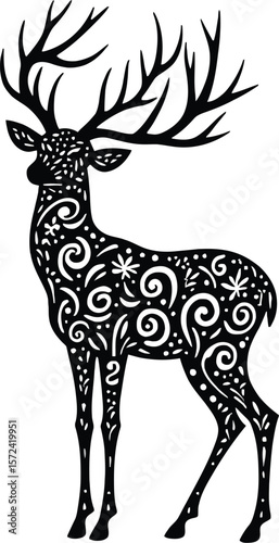 Vector art of silhouette deer with floral pattern isolated on white background