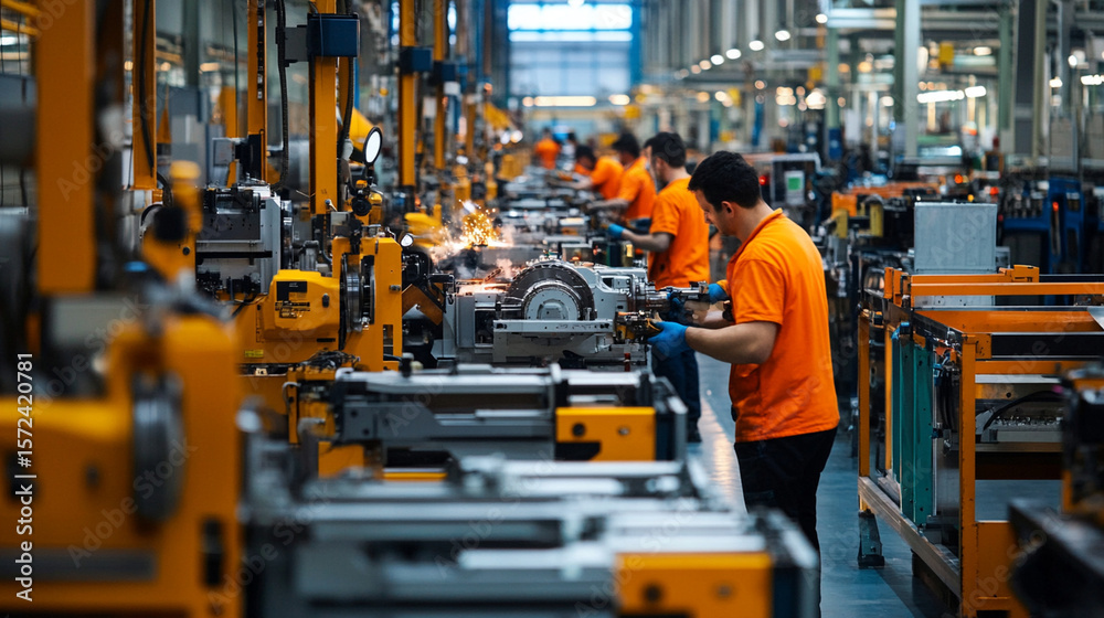 Fototapeta premium Factory floor with workers in orange vests using electric tools to assemble machinery