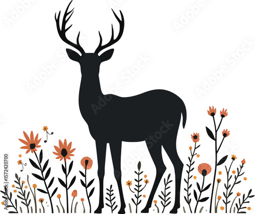 Vector art of silhouette deer standing among wildflowers isolated on white background