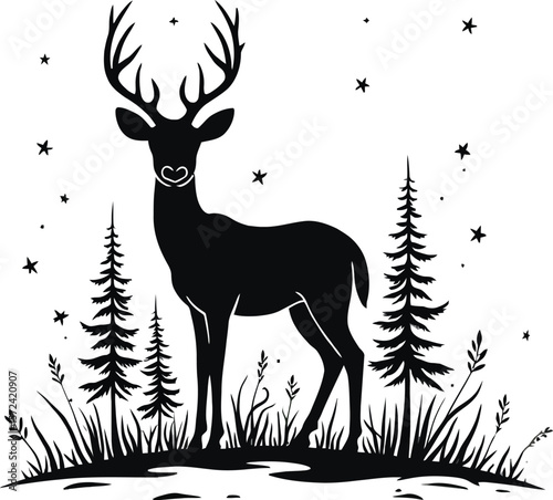 Vector art of silhouette of a deer with antlers standing in a winter landscape with pine trees isolated on white background