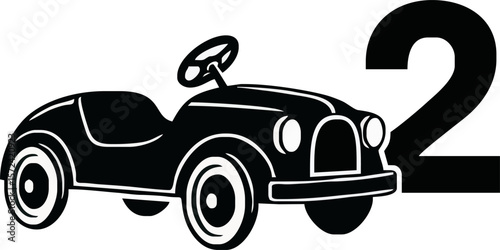 Classic pedal car silhouette with the number two, suggesting a child's toy or a second birthday.