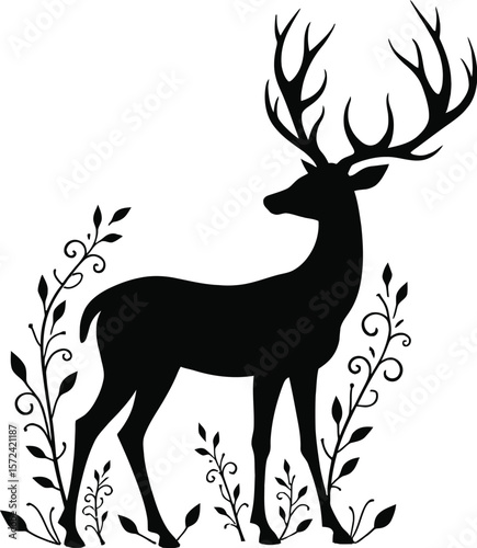 Wallpaper Mural Vector art of silhouette of a majestic stag with large antlers standing in a field of grass and plants isolated on white background Torontodigital.ca