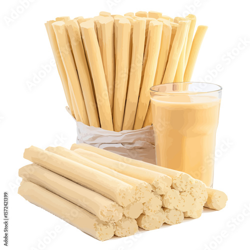 Freshly baked breadsticks and delicious potato fries in a glass, isolated on white wood for a tasty snack