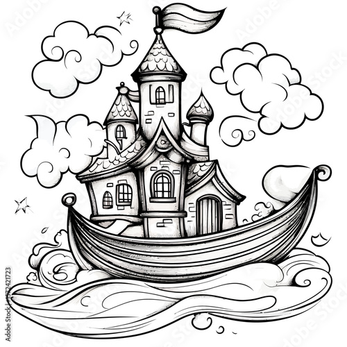 A charming cartoon vector illustration of an old medieval church building in a fantasy village or town, like a fairytale castle or fortress