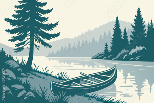 A serene vector illustration of a canoe moored at the shore of a calm forest lake at dawn