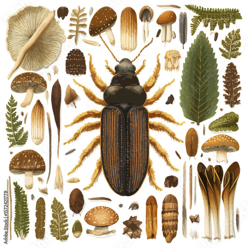 Seamless pattern of diverse beetles and insects in a vibrant close-up, highlighting their intricate details and natural colors