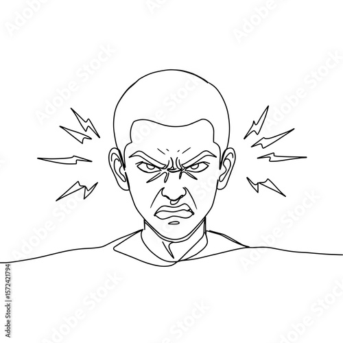 Angry bald man with furrowed brows and intense expression  