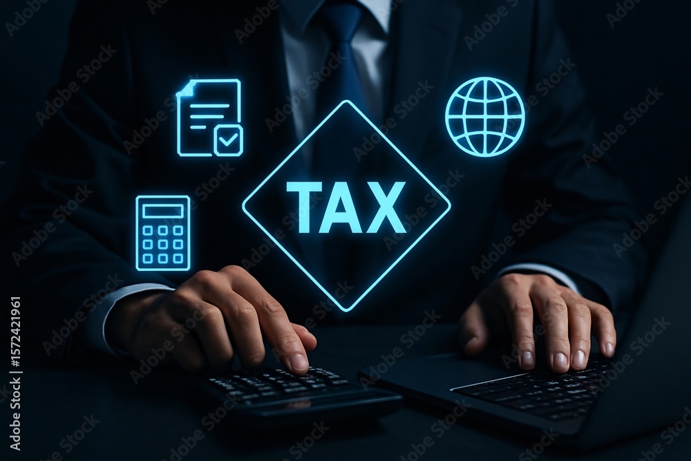 Businessman using calculator and laptop with glowing tax and global finance icons