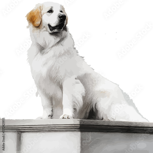 Cute purebred golden retriever puppy sitting on a chair, looking at the camera against a white background