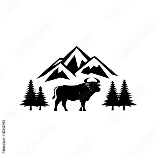 Silhouette vector illustration of farm animals including horses, cows, and bulls in nature