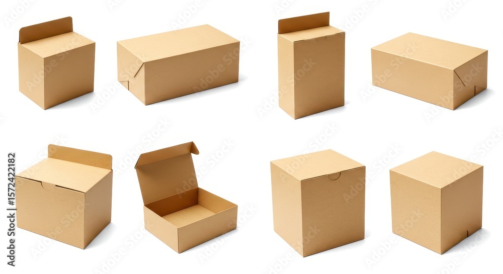 Photo of A group of brown cardboard boxes and containers isolated on white background Photo of A group of brown cardboard boxes and containers isolated on white background