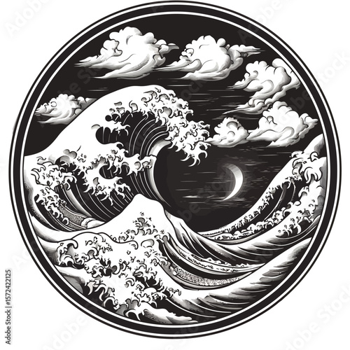 A vintage vector illustration of a Chinese dragon zodiac sign with floral elements on a black background
