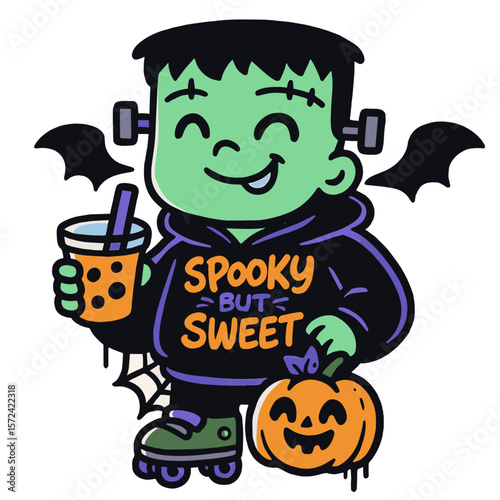 Roller Skating Frankenstein Boy with Halloween Drink