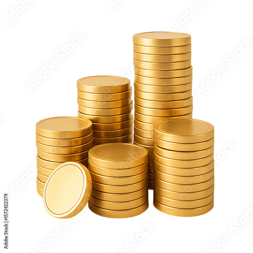 Stacks of shiny gold coins isolated on transparent background