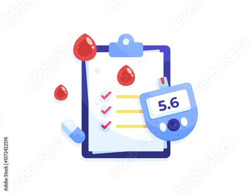 Illustration of a glucometer with a health checkup report and medication. Symbol of a drop of blood. Measuring blood glucose levels. Concept of diabetes awareness. Flat style. World Diabetes Day