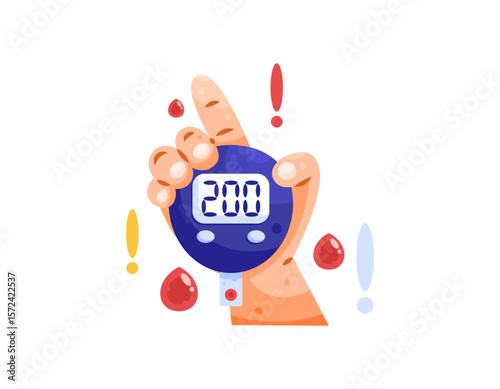 Illustration of a hand holding a blood glucose meter, a blood drop symbol, and an exclamation mark. Glucometer. Diabetes awareness concept. Flat design style. Asset elements, World Diabetes Day