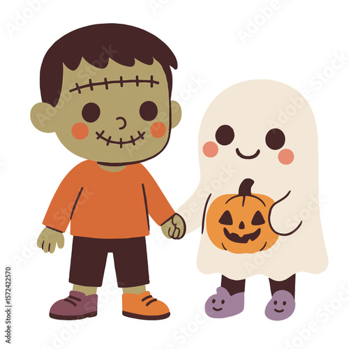 Kids in Frankenstein and Ghost Costumes Holding Hands - Halloween Illustration