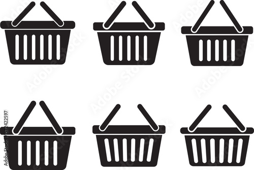 Six black shopping basket icons in a grid on a white background silhouette