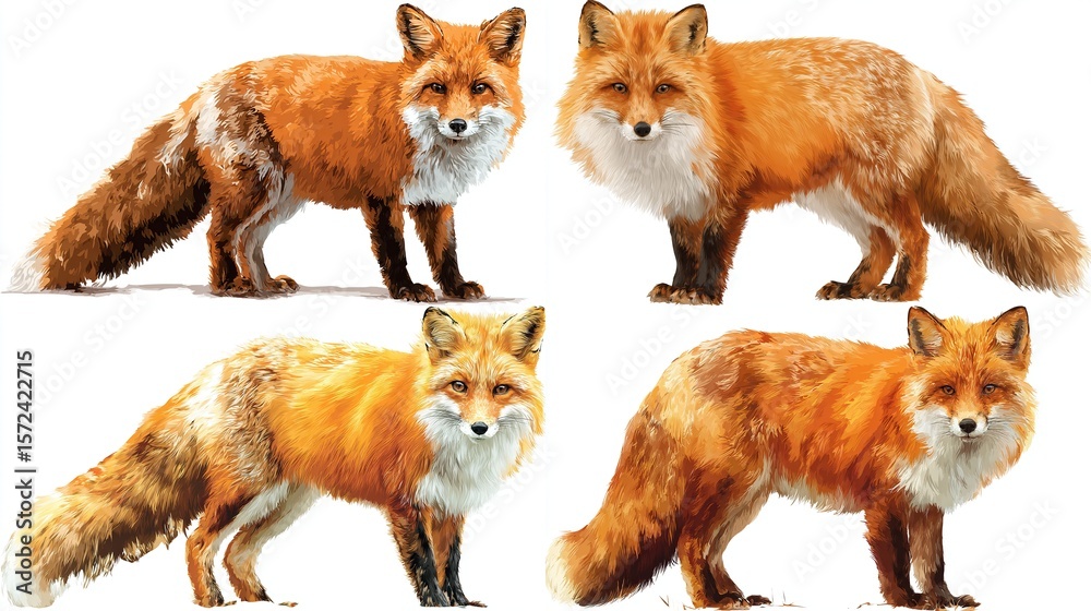 Obraz premium Four illustrations of vulpine creatures with reddish-orange fur, white chests, and alert expressions