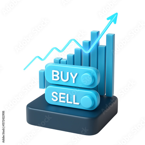 3d rendering of buy and sell buttons with a rising stock market graph isolated on transparent background