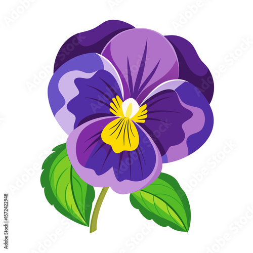 a pansy flower featuring vibrant purple and violet petals with a distinctive yellow center and dark radiating lines, accompanied by green serrated leaves 