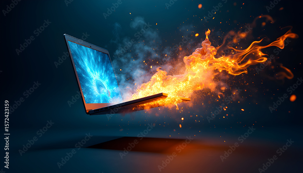 Fototapeta premium Digital Fusion: A high-concept visual representation of technology meets nature, with a laptop computer erupting in a mesmerizing display of fire and ice elements.