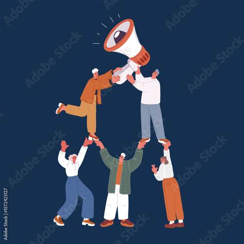 Cartoon vector illustration of a group raising a megaphone together as a metaphor for united voices and community empowerment against dark background