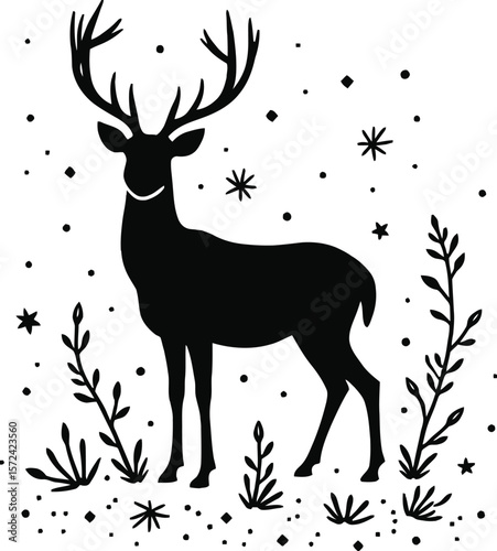 Vector art of silhouette of a noble stag with grand antlers amidst swirling celestial dots and delicate branches, isolated on white background