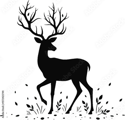 Vector art of silhouette of a majestic stag with large antlers walking through a field of grass and leaves, isolated on white background