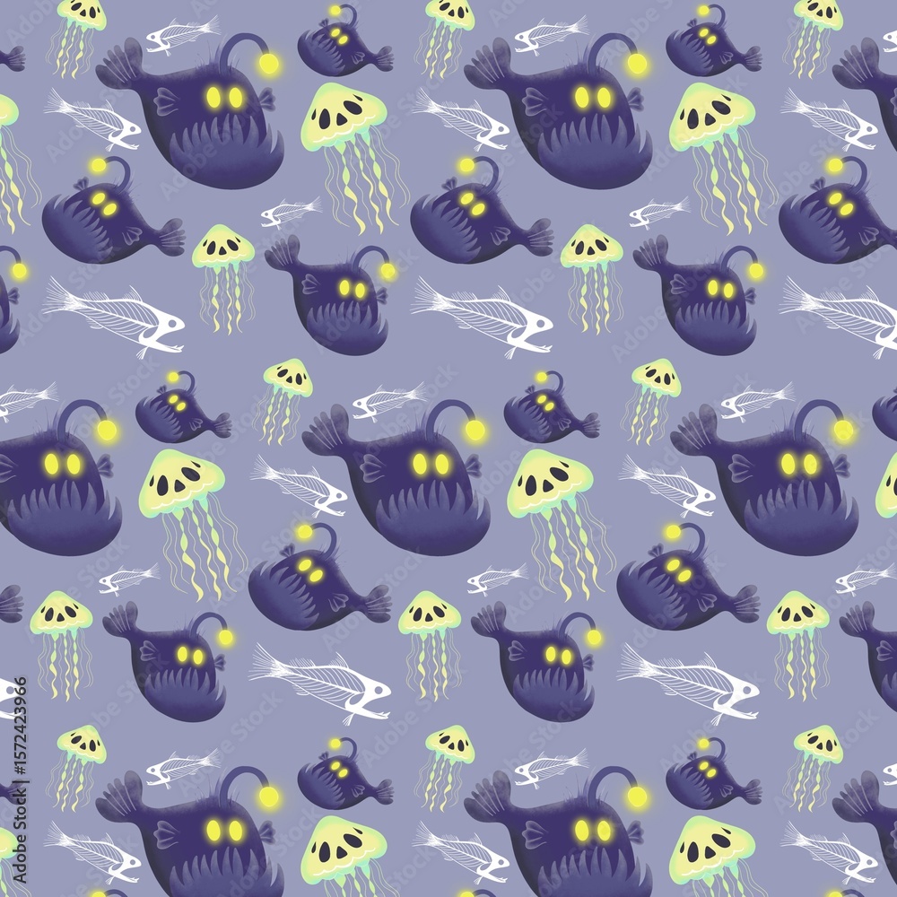 Fototapeta premium Abyss creatures pattern with spooky jellyfish, angler fish or black seadevils and light background. Halloween deep sea texture hand drawn illustration.
