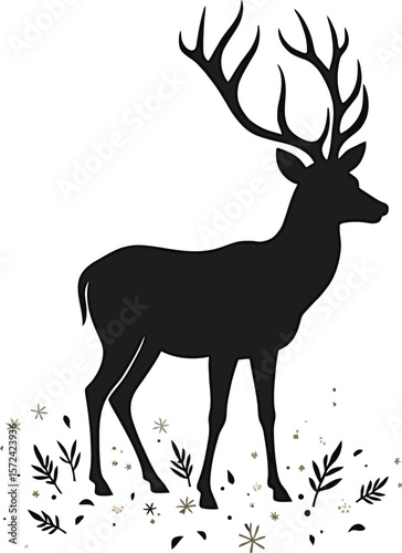 Vector art of silhouette of a majestic stag with large antlers walking through a field of grass and leaves, isolated on white background