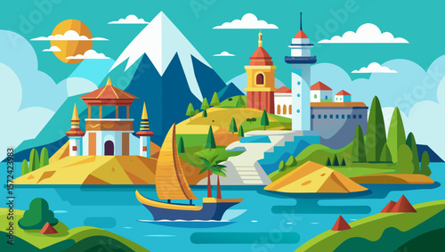 Vector art of a captivating illustration presents a charming coastal town nestled beside snowcapped mountains, with a sailboat gliding on the tranquil waters, creating a peaceful atmosphere