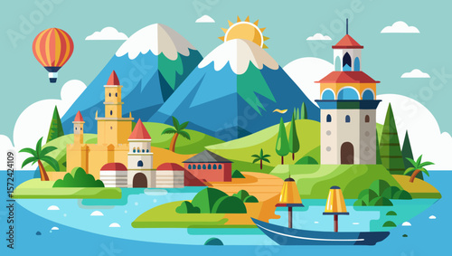 Vector art of an idyllic island scene illustrated with vibrant colors, featuring charming architecture, lush palm trees, and a hot air balloon floating gracefully above