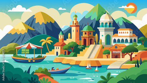 Vector art of a captivating coastal illustration showcasing a charming town nestled against majestic mountains, with boats gently sailing along the tranquil sea