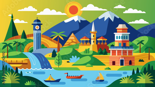 Vector art of a picturesque illustration depicting a vibrant landscape with majestic mountains, a cascading waterfall, and charming buildings along a tranquil river