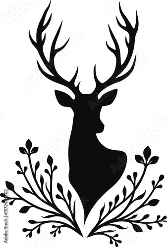 Vector art of silhouette of a deer head with antlers surrounded by plants isolated on white background
