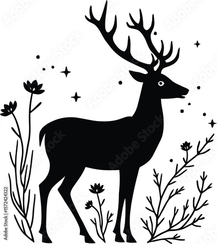 Vector art of silhouette of a deer with antlers standing in a field of plants isolated on white background