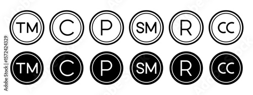 Vector isolated Copyright trademark symbol set in black fill and outline