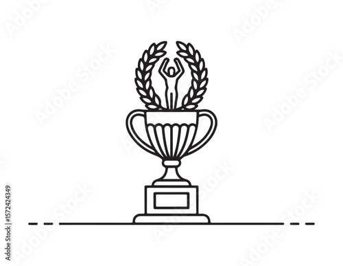 Winner holding trophy with laurel wreath celebrating victory isolated on white background