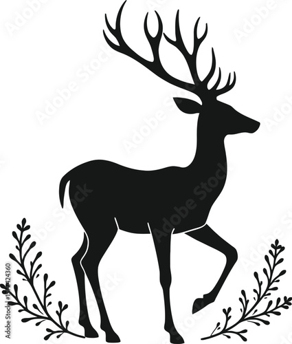 Vector art of silhouette of a deer with antlers stepping forward amidst foliage isolated on white background