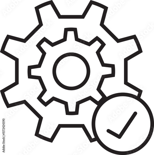 Gear setting cog configuration check icon outline black mechanical system engineering process approval technology vector symbol machinery industry maintenance solution success quality assurance