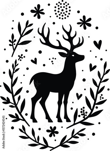 Vector art of silhouette of a deer with prominent antlers enclosed in an oval floral border with small stars and hearts, isolated on white background