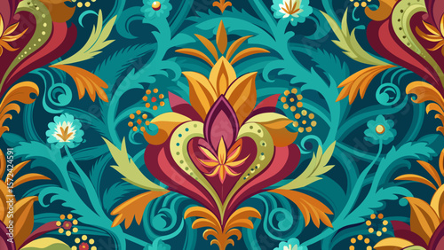 Vector art of an elegant damask pattern bursts with rich jewel tones, creating a luxurious and seamless textile design