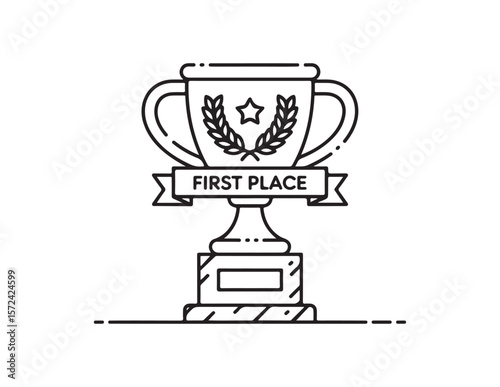 Stylized line art trophy with a banner reading first place isolated on white background