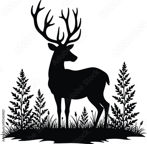 Vector art of silhouette of a majestic deer standing among trees and flowers isolated on white background